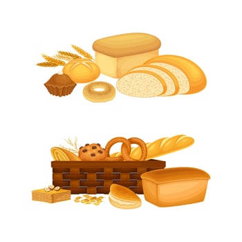Bakery items in a wicker basket vector