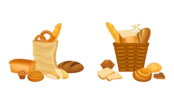Breads and pastries in a basket vector