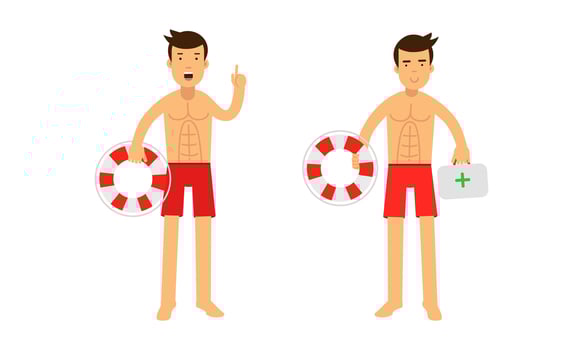 Lifeguard character with lifesaver and first aid kit vector