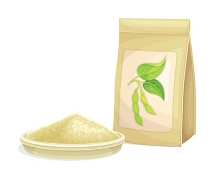 Soybean Flour or Powder from Edible Seed of Legume Plant in Paper Package and Bowl Illustration vector