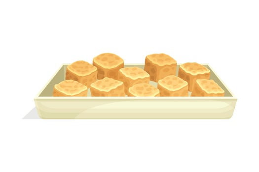 Cubes of Fried or Roasted Tofu or Soy Bean Curd on Plate as Product from Edible Legume Plant Illustration vector
