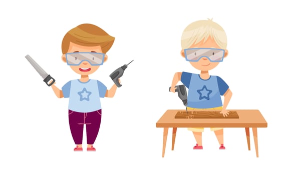 Children enjoying woodworking activities vector