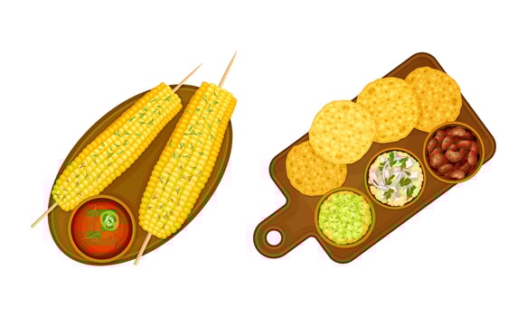 Grilled corn and assorted snacks platter vector