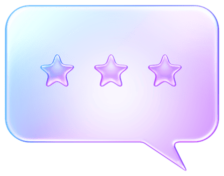 3D speech bubble icon with stars in translucent glass style, representing review, feedback, comment, rating, or communication. png