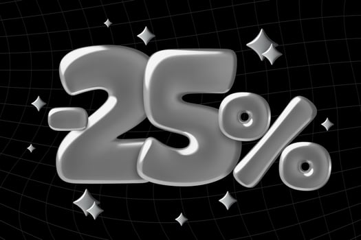 Silver 25 percent off with chrome metallic number twenty five with minus sign on dark background vector