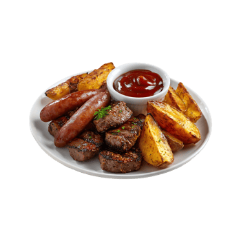 Grilled steak sausages and potato wedges with sauce a delicious meal png