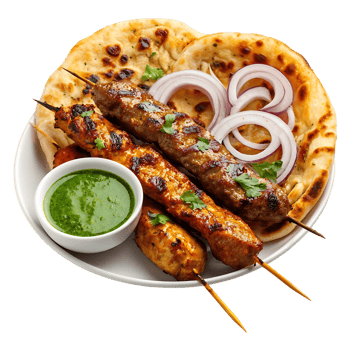 Grilled skewers with naan bread red onion and green sauce png