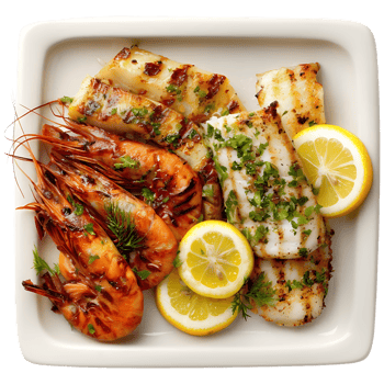 Grilled seafood platter with shrimp scallops and lemon wedges png