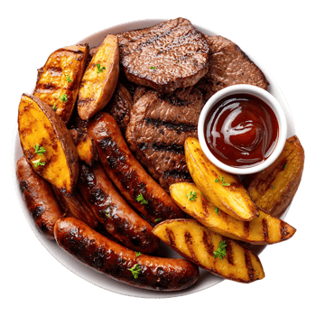 Grilled steak sausages and potato wedges with sauce png