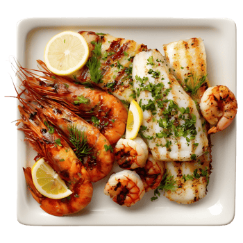 Grilled seafood platter with shrimp and fish lemon wedges and herbs png