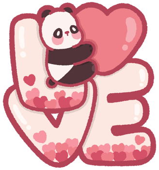 Love word with panda hugging heart png