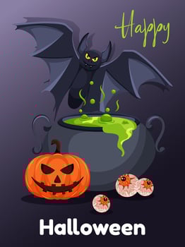 Halloween bat, cauldron, and pumpkin image vector