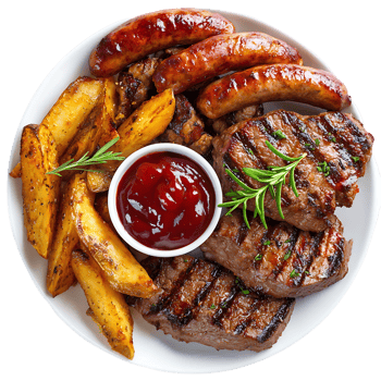 Grilled steak sausages potato wedges and ketchup a delicious meal png