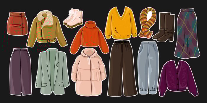 Winter clothing including coats, sweaters, and boots vector