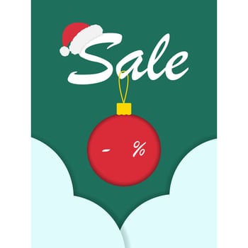 Sale lettering with Santa hat and hanging bauble with percent sign and Text Place Paper Cut Template. Isolated illustration Christmas Holidays Ad Cards, promo banner, leaflets, label, price tag vector