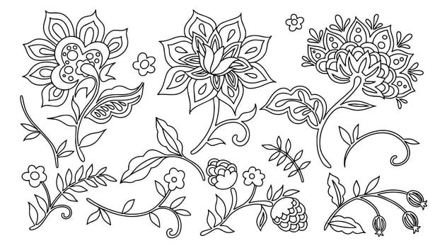Coloring book. Set with elements of oriental ornament. Floral patterns. vector