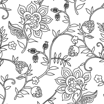 Coloring book. Seamless pattern with oriental ornaments. Print with flowers and berries. vector