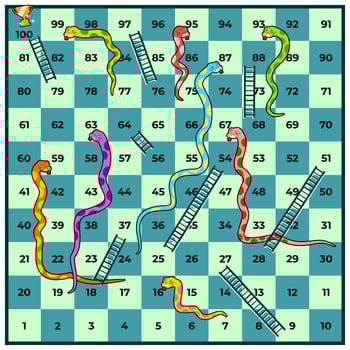 colorful snakes and ladders board game with numbered squares vector