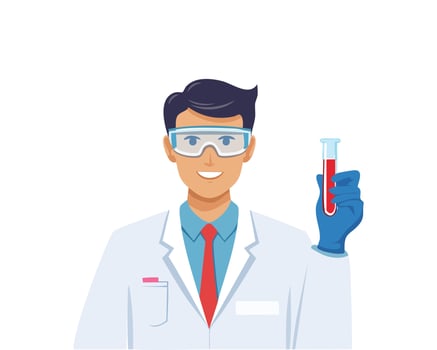 male scientist avatar smiling and holding test tube with liquid, research and discovery concept vector
