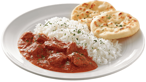 Butter chicken, white rice, and naan bread served on white plate, garnished with herbs, traditional Indian cuisine, delicious and comforting meal png