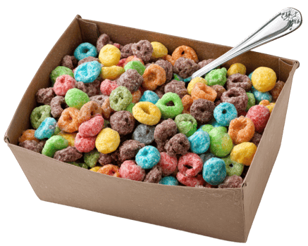 Colorful cereal with milk in cardboard bowl and metal spoon, isolated on transparency background, breakfast food, cheerful and playful mood png