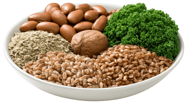 Protein bowl beans grains kale walnut healthy vegetarian nutritious plant based fiber rich meal in white bowl png