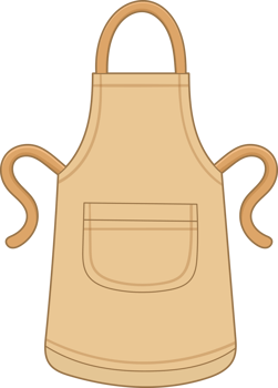A simple tan colored apron with a front pocket hangs against black background. png