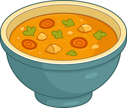 Bowl of warm, comforting cartoon soup with vegetables, herbs, and broth. png