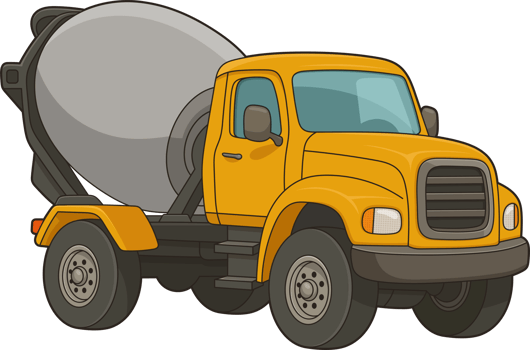 Cartoon style cement mixer truck with a gray drum on a black background. png