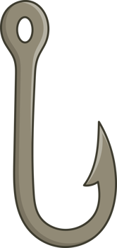 Silver fishing hook with large eye and sharp barb on a solid black background png