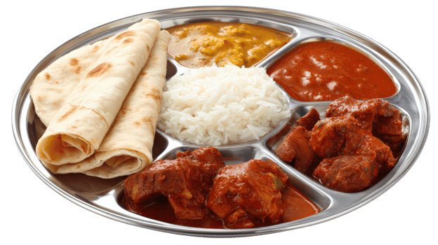 Traditional Indian thali plate with chicken curry, dal, paneer curry, steamed rice, and chapati, served on stainless steel tray, vibrant and appetizing meal png