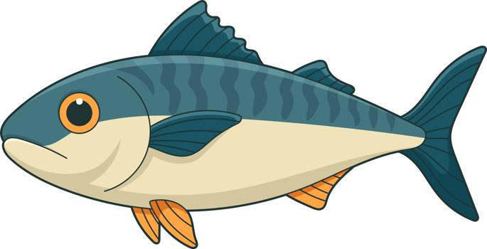 Striped Cartoon Fish with Orange Eyes and Fins on a Black Background png