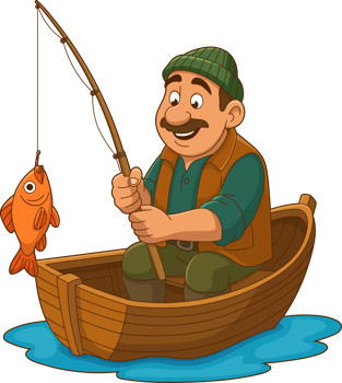 Happy fisherman in wooden boat reeling in a fish with a fishing rod. png