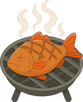 Grilled Fish on BBQ, Cartoon Illustration with Orange Scales and Steam png