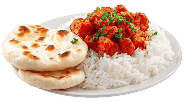 Butter chicken, naan bread, and basmati rice on white plate, garnished with fresh herbs, traditional Indian cuisine, delicious and comforting meal png