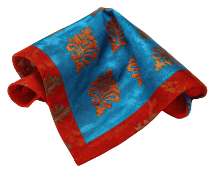 Blue silk fabric with floral pattern red border gold sheen elegant textile decorative luxurious soft square shape vibrant color folded cloth png