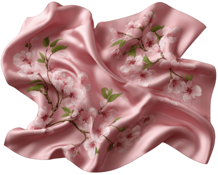 Pink silk fabric with floral pattern, delicate cherry blossom branch, green leaves, soft sheen, elegant and luxurious texture, romantic and feminine style, draped and flowing png