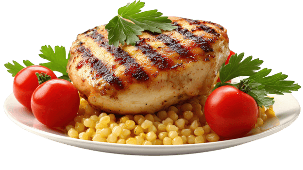 Grilled chicken breast with golden corn, fresh cherry tomato, and parsley garnish on white plate, healthy meal, vibrant and appetizing presentation png