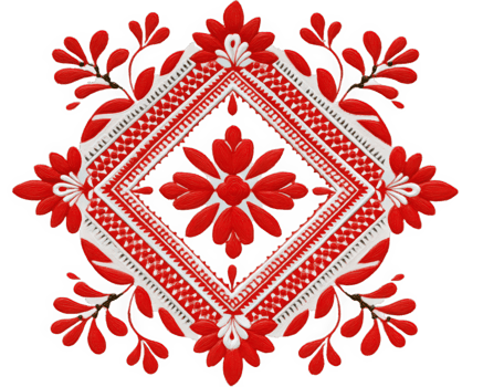 Red floral geometric pattern, ethnic square textile, traditional folk art, symmetrical design, vibrant decorative motif, intricate hand painted style, festive and joyful png
