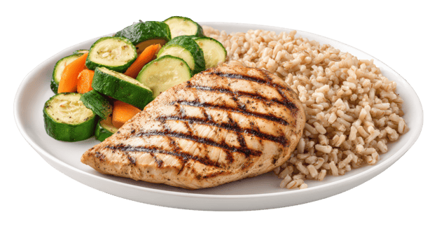 Grilled chicken breast brown rice zucchini carrot healthy meal balanced diet lunch dinner protein vegetables appetizing and nutritious plate png
