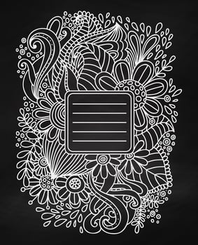 Floral hand drawn frame on the chalkboard. Abstract chalk doodle template for school notebook cover, wedding invitation, postcard. Ornamental pattern, illustration. vector
