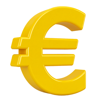 Bright yellow euro symbol standing isolated on transparent background png
