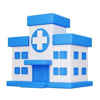 3D rendering of hospital building, blue and white on transparent background png