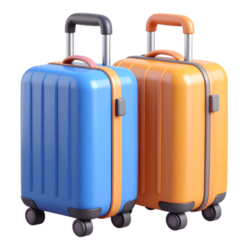 Blue and orange rolling suitcases, vibrant travel accessories on transparent background png