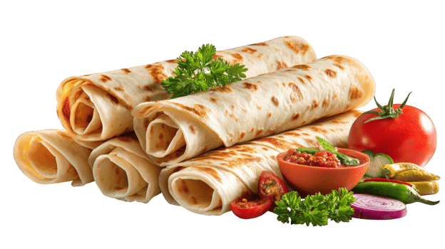 Rolled flatbread stack side dish pickle tomato onion chili parsley traditional fresh Rolled flatbread stack with fresh side dishes pickles tomato onion chili and parsley creating vibrant png