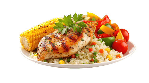 Grilled chicken breast served on brown rice with colorful vegetables, corn on cob, and fresh herbs, creating healthy and appetizing meal presentation png