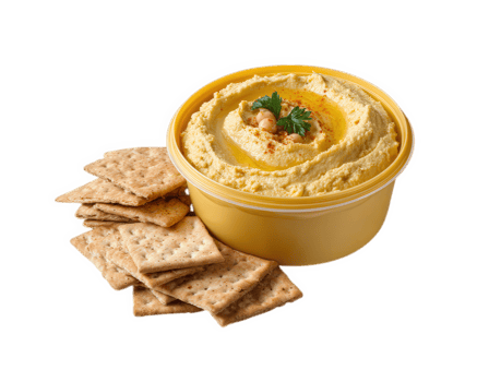 Creamy hummus in yellow plastic container with peeled lid, garnished with chickpeas, parsley, paprika, and served with whole grain crackers, appetizing and fresh png