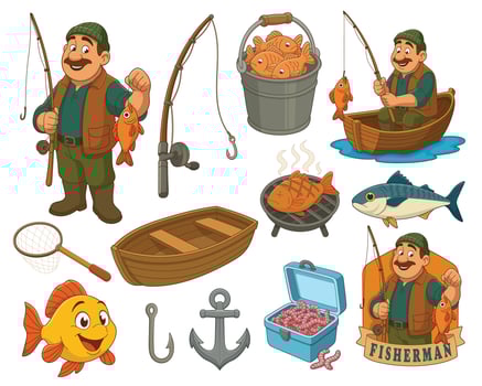 Fisherman with fishing gear and fish vector