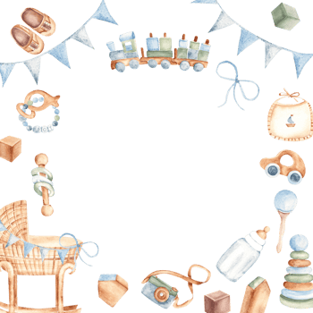 Baby boy Frame with Toys, clothes and cradle. Baby Shower border. Hand drawn watercolor illustration in pastel colors. For newborn greeting cards, invitations, gender reveal party. png