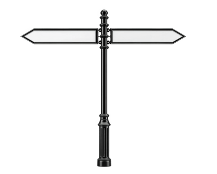 Blank metal street sign on black pole, isolated on transparency background, with two empty directional arrows, urban object, simple and clean design, ready for custom text, concept of direction png